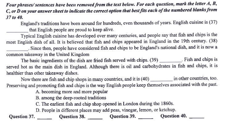 câu 37-40 đề minh họa tiếng anh vào 10